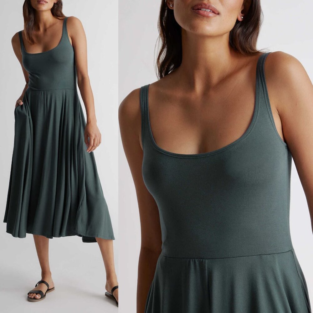 Quince Tencel Fit & Flare Knit Midi Dress in Dark Olive Size XL Stretchy Pockets